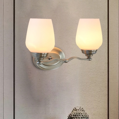 Silver 2-Head Wall Vanity Light Traditional White Glass Flowerbud Wall Sconce for Parlor
