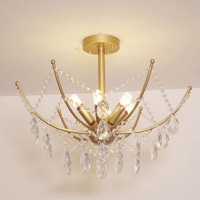 Spider Web Shape Crystal Swag Semi Flush Traditional 6/8 Bulbs Living Room Flushmount Light in Gold