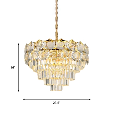 Tiered Crystal Prism Chandelier Lamp Vintage 8/11-Light Hotel Ceiling Pendant Light in Gold