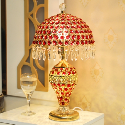 Traditional Domed Night Table Light 1 Light Red Crystal-Encrusted Night Lamp in Gold