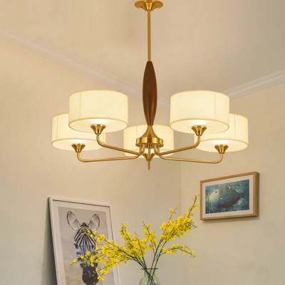 Traditional Drum Suspension Light 3/5-Head White Fabric Chandelier Lamp Fixture in Brass