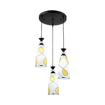 White Glass Elongated Dome Cluster Pendant Country 3 Bulbs Dining Room Hanging Ceiling Light in Black/Chrome with Round/Linear Canopy