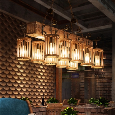 Wood 10 Lights Island Pendant Light Cylinder 10 Lights Factory Style Hanging Lighting with Linear Beam