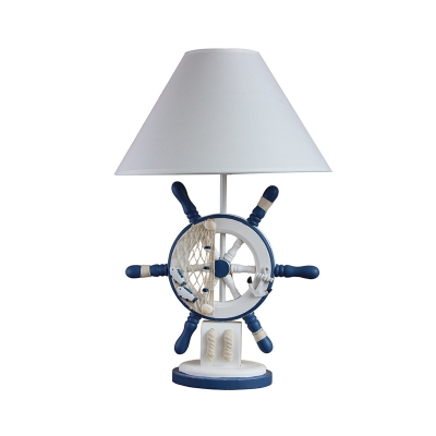 Wood Marine Rudder Table Lighting Kids Style Single Blue Night Lamp with Wide Cone Shade