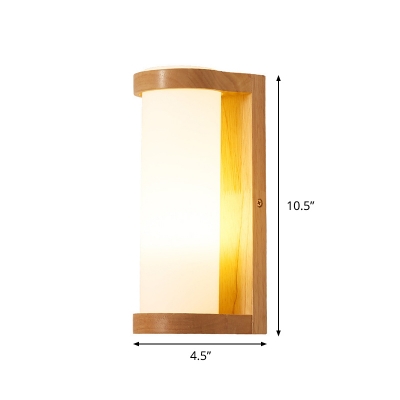 Wood Rectangle Wall Light Sconce Simple 1 Head Wall Lamp Fixture with Tube Opal Glass Shade