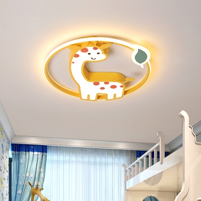 Yellow Giraffe Lighting Fixture Kids Style Acrylic LED Ceiling Flush Mount with Leaf Design for Bedroom in Warm/White Light