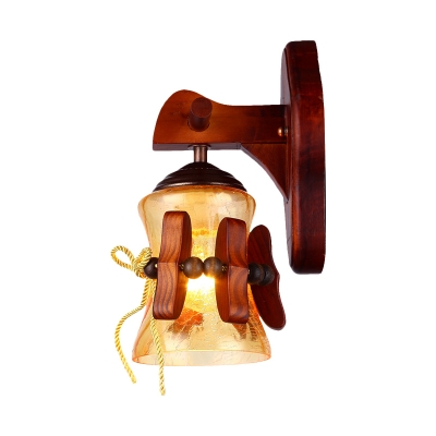 Yellow Water Glass Bell Wall Sconce Lighting Classic 1 Light Bedroom Wall Light Fixture in Brown with Wooden Backplate