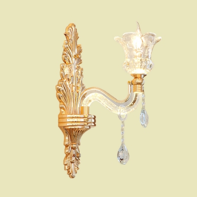 1/2-Bulb Wall Mount Light Traditional Curved Arm Beveled Glass Crystal Sconce Lamp in Gold