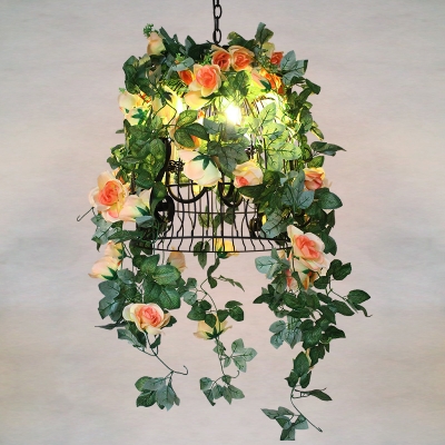 1 Bulb Bell Cage Pendant Light Warehouse Black Iron Suspension Lamp with Artificial Rose Decor