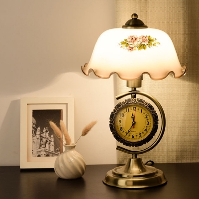 1-Bulb Nightstand Light Farmhouse Flower Printing White Glass Night Lamp in Brass with Clock