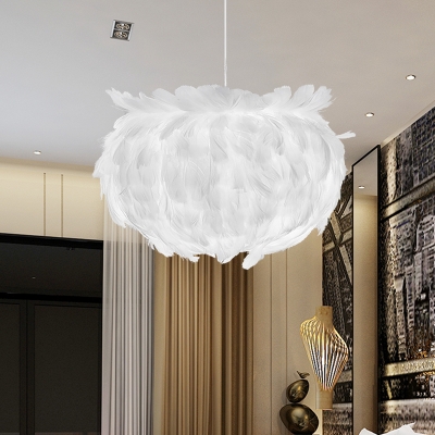 1-Head Bedroom Ceiling Pendant Light Modernist White Suspension Lamp Fixture with Feather Ball Fabric Shade