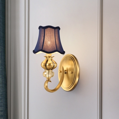 1 Head Sconce Lighting Traditional Indoor Wall Lamp Fixture with Empire Blue Fabric Shade in Brass