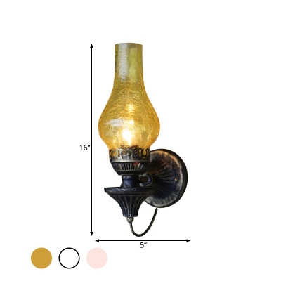 1 Head Wall Mount Lighting Loft Outdoor Metal Wall Light Fixture with Vase Yellow/Clear Crackle Glass Shade