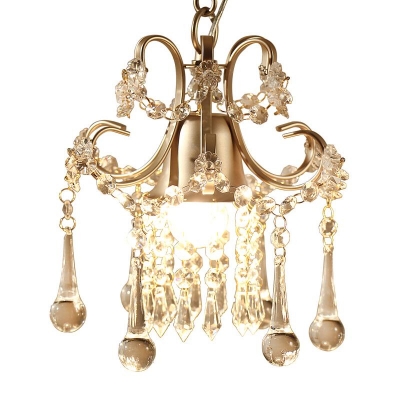 1-Light Crystal Drip Drop Pendant Antique Gold Bell Dining Table Ceiling Hanging Light with Swirl Arm