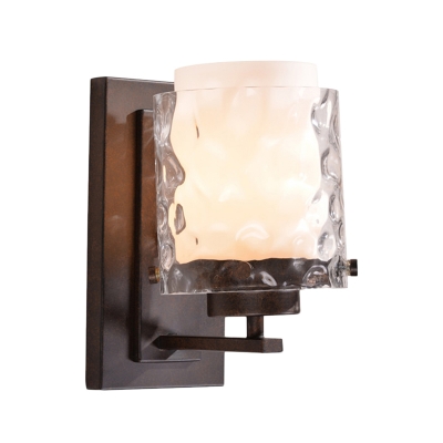 1-Light Wall Lamp Clear Hammered and Frosted Glass Retro Bedside Sconce Light with Dual Pillar Shade