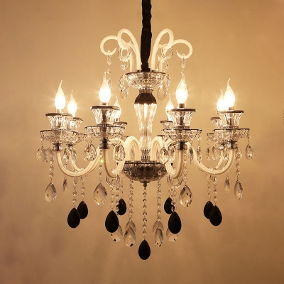10 Heads Curvy Arm Chandelier Light Traditionalist Black Clear Crystal Glass Candlestick Pendant