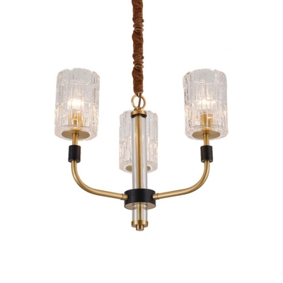 3/6-Bulb Cylinder Pendant Chandelier Modern Brass Crystal Block Hanging Ceiling Lamp