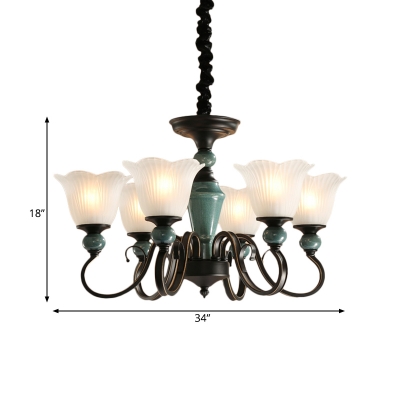 3/6-Bulb Floral Up Suspension Light Antiqued Black Opal Frosted Glass Chandelier Lamp Fixture with Swirl Arm