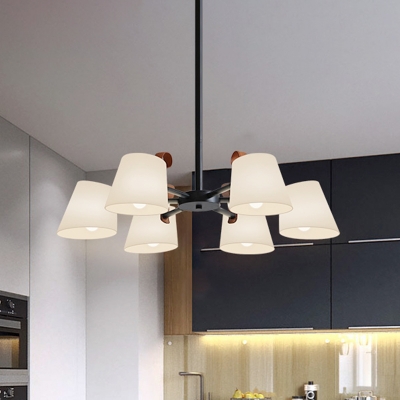 3/6-Head Dining Room Pendant Lighting Modernist Black Radial Ceiling Chandelier with Barrel Frosted White Glass Shade