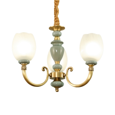 3 Bulbs Frosted White Glass Chandelier Antiqued Gold Bud Dining Room Hanging Ceiling Light