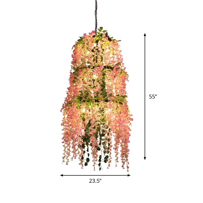 3 Tiers Round Bar Hanging Chandelier Industrial Iron 11-Light Pink Flower Suspended Lighting Fixture