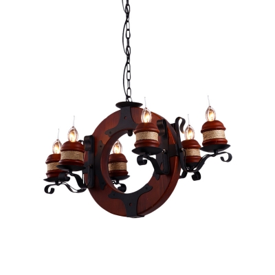 4/6 Lights Chandelier Light Industrial Candelabra Metal Pendant Lighting Fixture in Brown with Wood Ring Deco