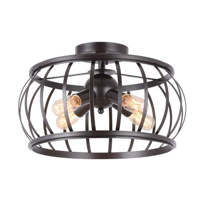 4 Heads Semi Flush Light Fixture Industrial-Style Drum Cage Metal Flush Mount Lamp in Black
