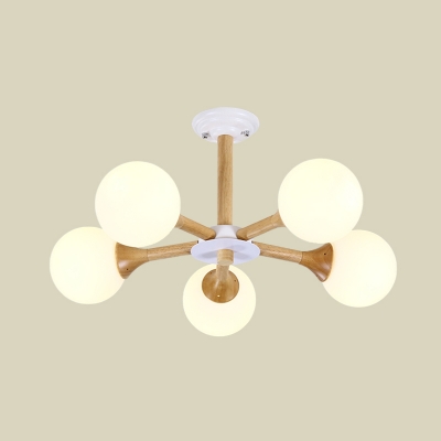 5-Bulb Bedroom Chandelier Light Fixture Modern Wood Radial Hanging Ceiling Lamp with Ball White Glass Shade