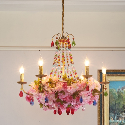 6/12-Bulb Candle Chandelier Lighting Farm Gold Iron Flower Suspension Light with Multicolored Crystal Accent