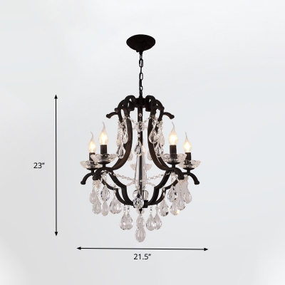 6/8 Bulbs Scroll Arm Chandelier Light Traditional Black Finish Metal Ceiling Pendant Lamp with Crystal Drop