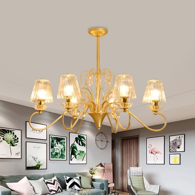 6/8 Heads Clear Ribbed Crystal Chandelier Modern Gold/Black-Gold Scroll Arm Bedroom Hanging Light Fixture with Tapered Lampshade