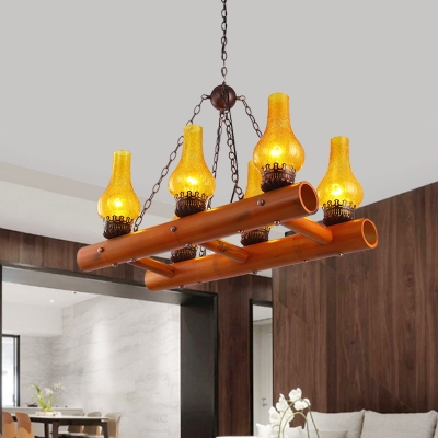 6-Light Hanging Island Light Loft Dining Room Bamboo Pendant Chandelier with Vase Yellow Crackle Glass Shade