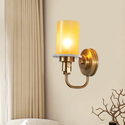 Amber Glass Pillar Wall Light Kit Vintage Single-Bulb Sitting Room Sconce Lamp with Brass Curved Arm