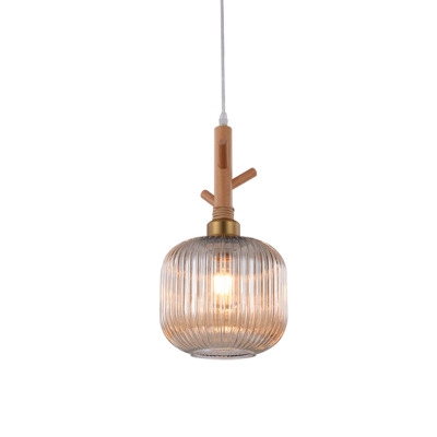 Amber Ribbed Glass Drum Pendant Light Modernism 1 Head Hanging Ceiling Lamp with Wood Branch Top