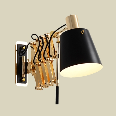 Barrel Bedroom Sconce Metallic 1-Light Post Modern Wall Light Fixture in Black with Gold Expansion Arm
