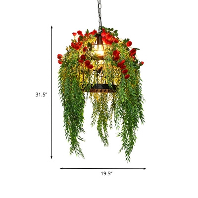 Birdcage Restaurant Ceiling Pendant Cottage Metal 1 Bulb Black Hanging Lamp with Cascading Art Plant