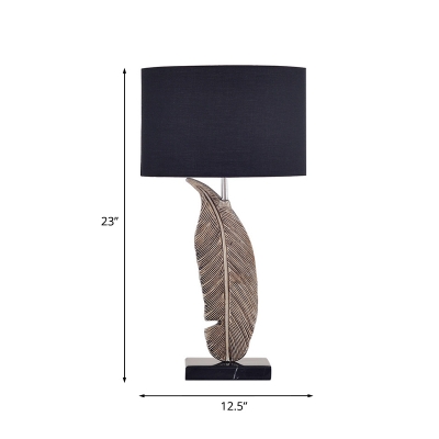 Black 1 Head Table Lamp Vintage Fabric Oval Nightstand Light with Feather Pedestal