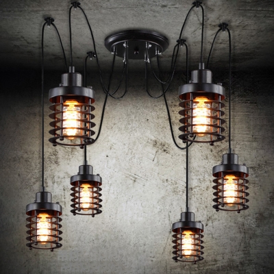 Black Cylinder Cage Multiple Hanging Light Industrial Metal 6 Bulbs Living Room Swag Pendulum Lamp