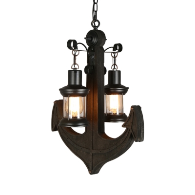 Black Lantern Pendant Chandelier Coastal Clear Glass 2-Bulb Restaurant Hanging Ceiling Light with Wood Anchor Design