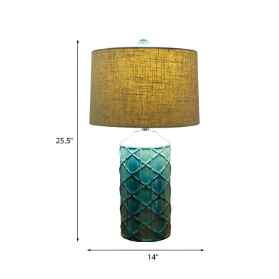 Blue 1 Head Nightstand Lamp Retro Ceramic Lattice Cylinder Table Light with Drum Fabric Shade