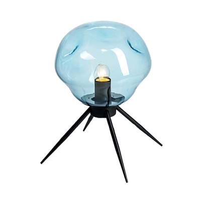 Blue/Cognac Glass Dimpled Table Light Modernist 1 Bulb Black Night Lamp with Tripod Base