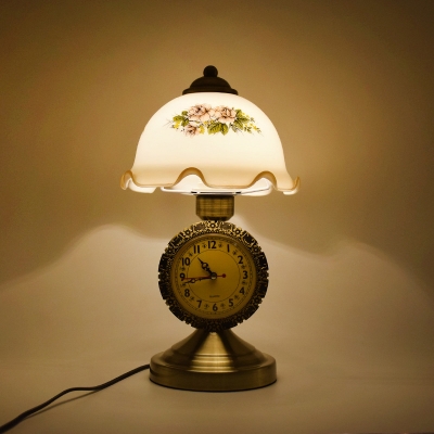 Brass 1-Head Night Light Countryside Printed White Glass Flower Table Lamp with Clock