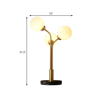 Brass Tree Table Light Postmodern 3 Heads Metal Night Lamp with Ball White Glass Shade