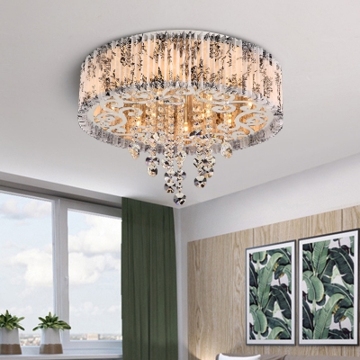Circular Fabric Ceiling Light Modernism 5-Bulb Living Room Flush Mount in White with Crystal Drop