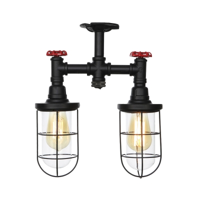 Clear Glass Black Semi Mount Lighting Cage 2 Heads Industrial-Style Flush Ceiling Lamp