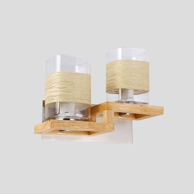 Clear Glass Cylinder/Square Sconce Modernism 1/2-Bulb Wood Wall Mount Lighting with Rope Detail