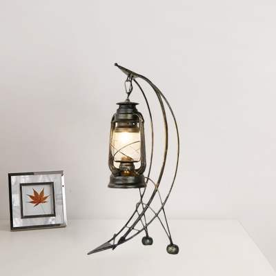 Clear Glass Lantern Desk Light Farmhouse 1 Head Bedroom Table Lamp in Brass with Arc Arm