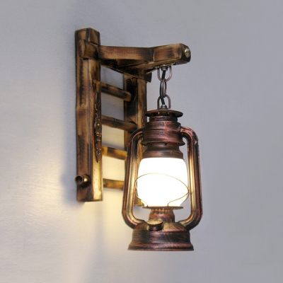 Copper Kerosene Wall Lighting Ideas Industrial Opal Glass 1-Light Bedroom Wall Sconce Light with Bamboo Ladder Deco