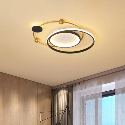 Creative Planet Flush Mount Fixture Acrylic LED Living Room Ceiling Mounted Light in Gold with Ring Design, Warm/White Light