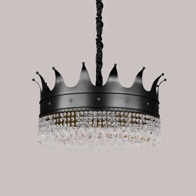 Crown Shaped Chandelier Pendant Light Kids Metal 4/5/6-Light Black Finish Suspension Lamp with Crystal Drop